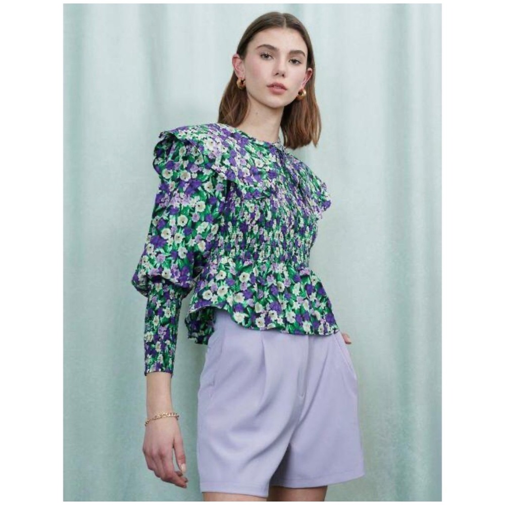 Floral Ruffle Smocked Blouse - Green/Purple